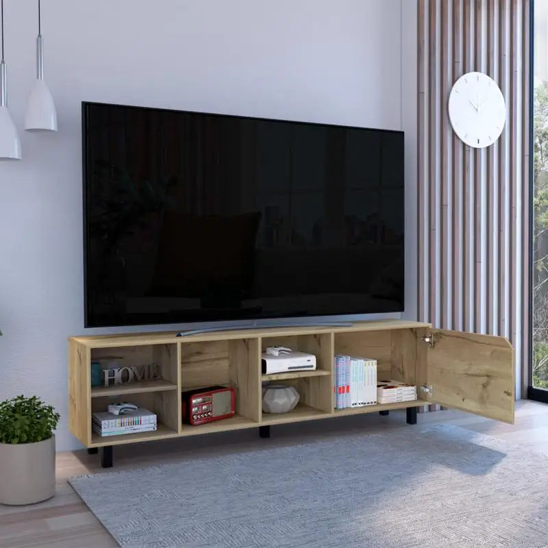 Supporto TV Conquest per TV fino a 70 pollici, 4 ripiani aperti, 5 gambe, finitura rovere chiaro, design moderno, mobili salvaspazio per
