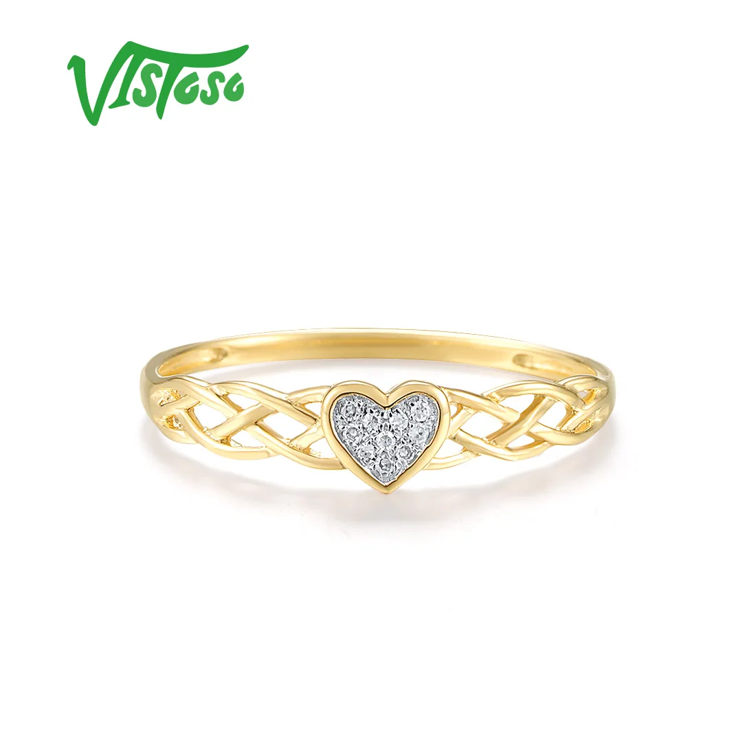 VISTOSO Genuine 14K 585 Yellow Gold Ring For Women Sparkling Diamonds Sweat Heart &Cross Daily Anniversary Gifts Fine Jewelry