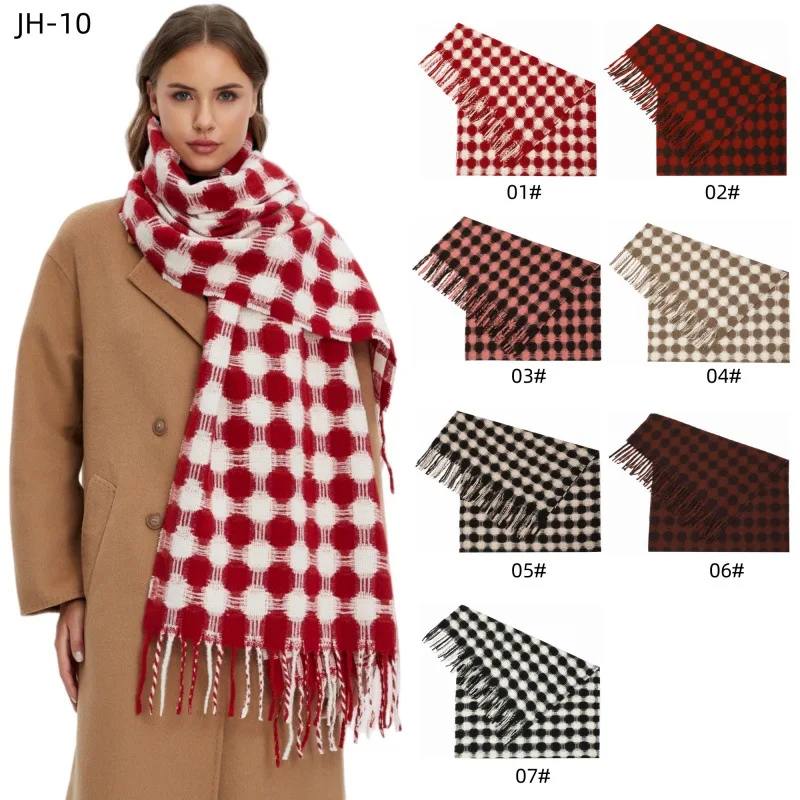 

2025Новый клетчатый женский шарф из искусственного кашемира, рождественский красный женский шарф с кисточками, зимний незаменимый утолщенный теплый внешний платок