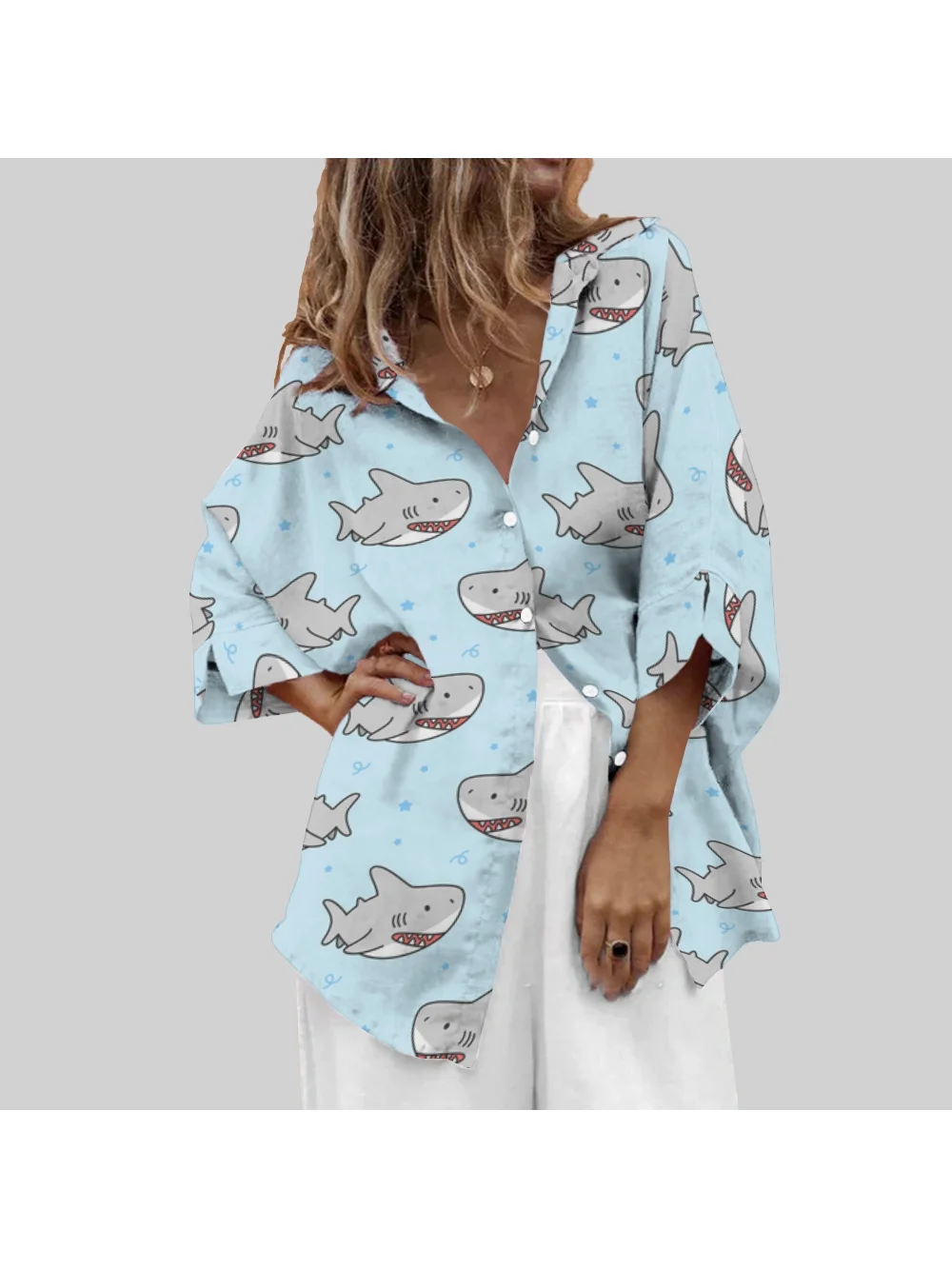 Women's Casual Shirt Loose Cute Shark Print Long-Sleeved Shirt High Quality Soft Holiday Clothing Chic Fashion New Street Wear