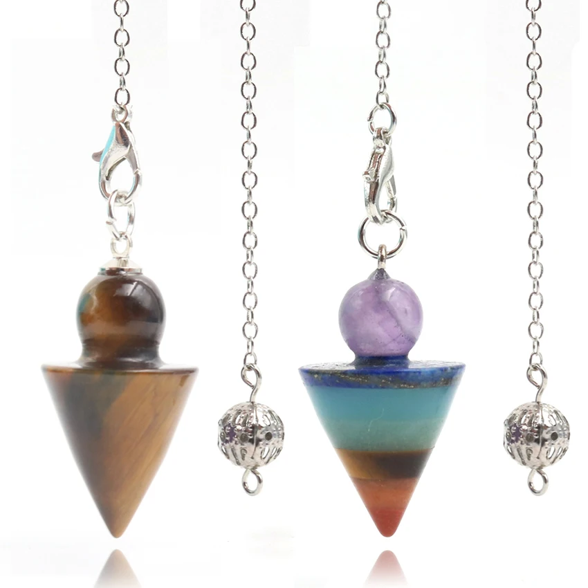 7 Chakras Natural Stone Amethyst Conical Pendulums Pendants for Dowsing Spiritual Reiki Healing Point Meditation Yoga Balancing