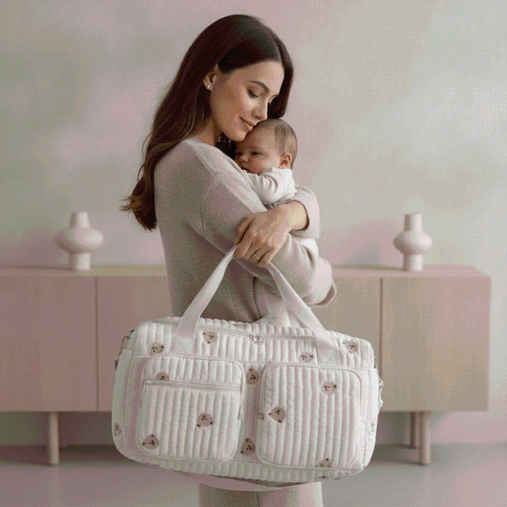 Outing Packet Large Capacity Diaper Organizer Multi-pocket Quilted Cotton Mommy Bag Washable Cute Bear Travel Handbag Toddler