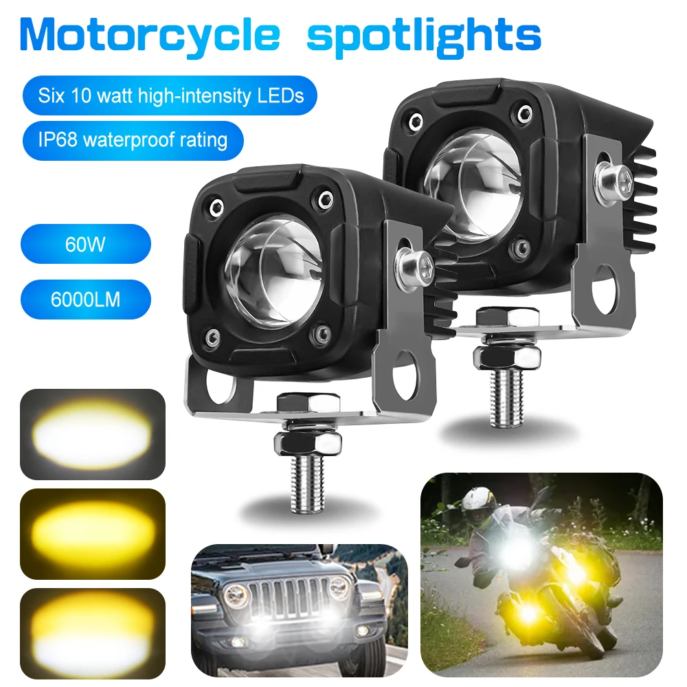 A Pair Motorcycle LED Headlight Auxiliary Spotlight Yellow White Dual Color Fog Light 9V-30V 60W Mini projector Lens Universal