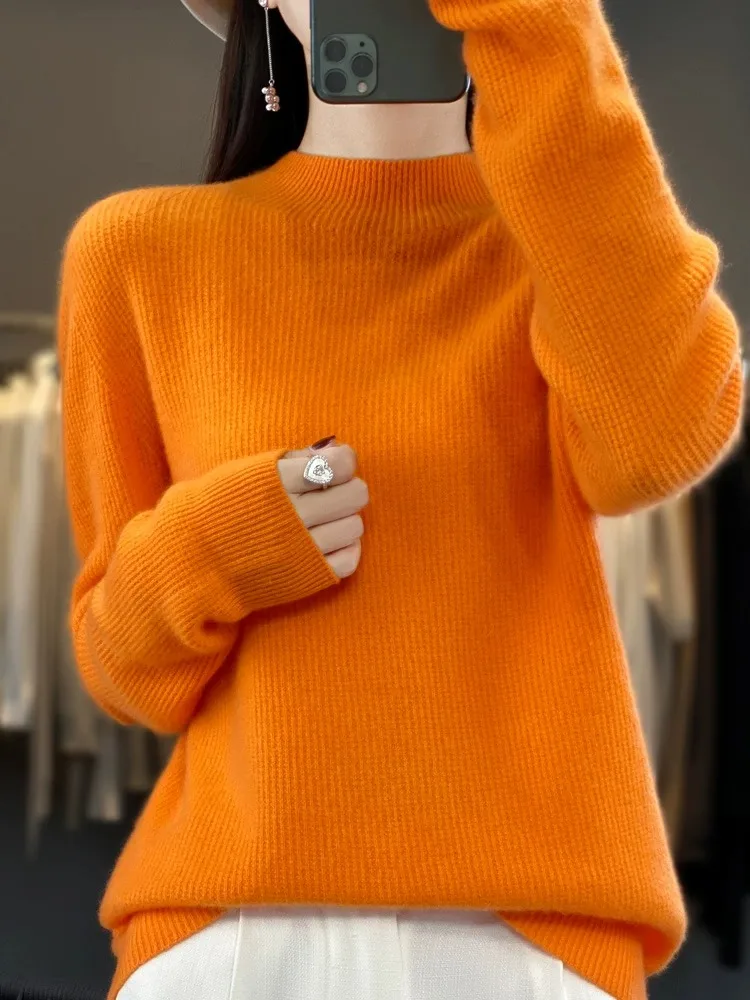 Suéter de lana pura de punto suelto para mujer de gama alta ropa interior de cuello alto Otoño Invierno cómodo Top de lana transpirable