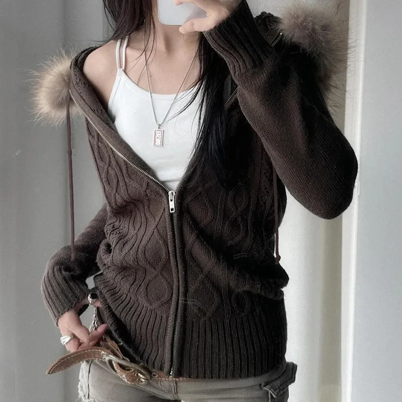 

Women Hooded Knitted Cardigan Fall Winter American Vintage Furry Patchwork Sweaters Solid Simple Slim Fit Retro Female New Coats