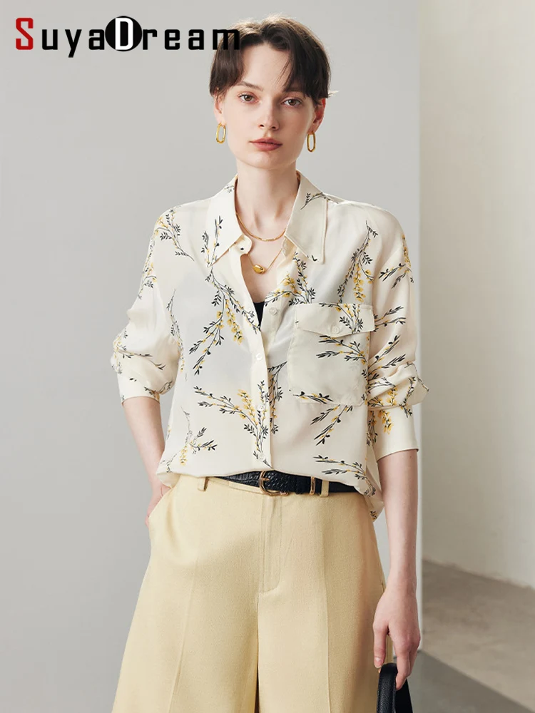 SuyaDream, Women Floral Shirts, 100%Silk Crepe, Turn Down Collar, Printed Chic Shirts, 2024 Spring Summer Casual Top