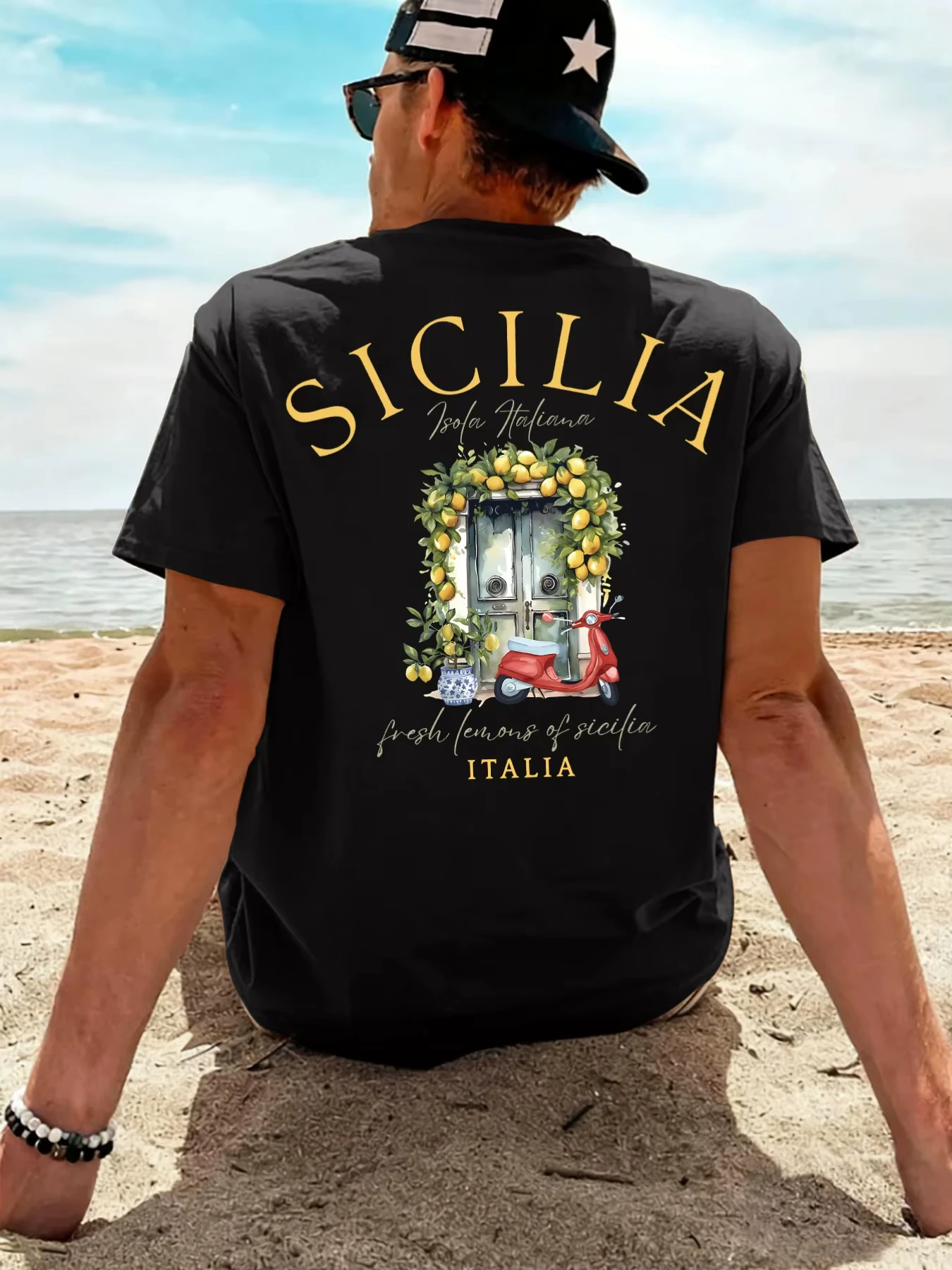 Men's 100% Cotton Summer Round-neck Short-Sleeved T-Shirt - Sicily Italian Lemon Print Comfortable Soft Breathable and Relaxing