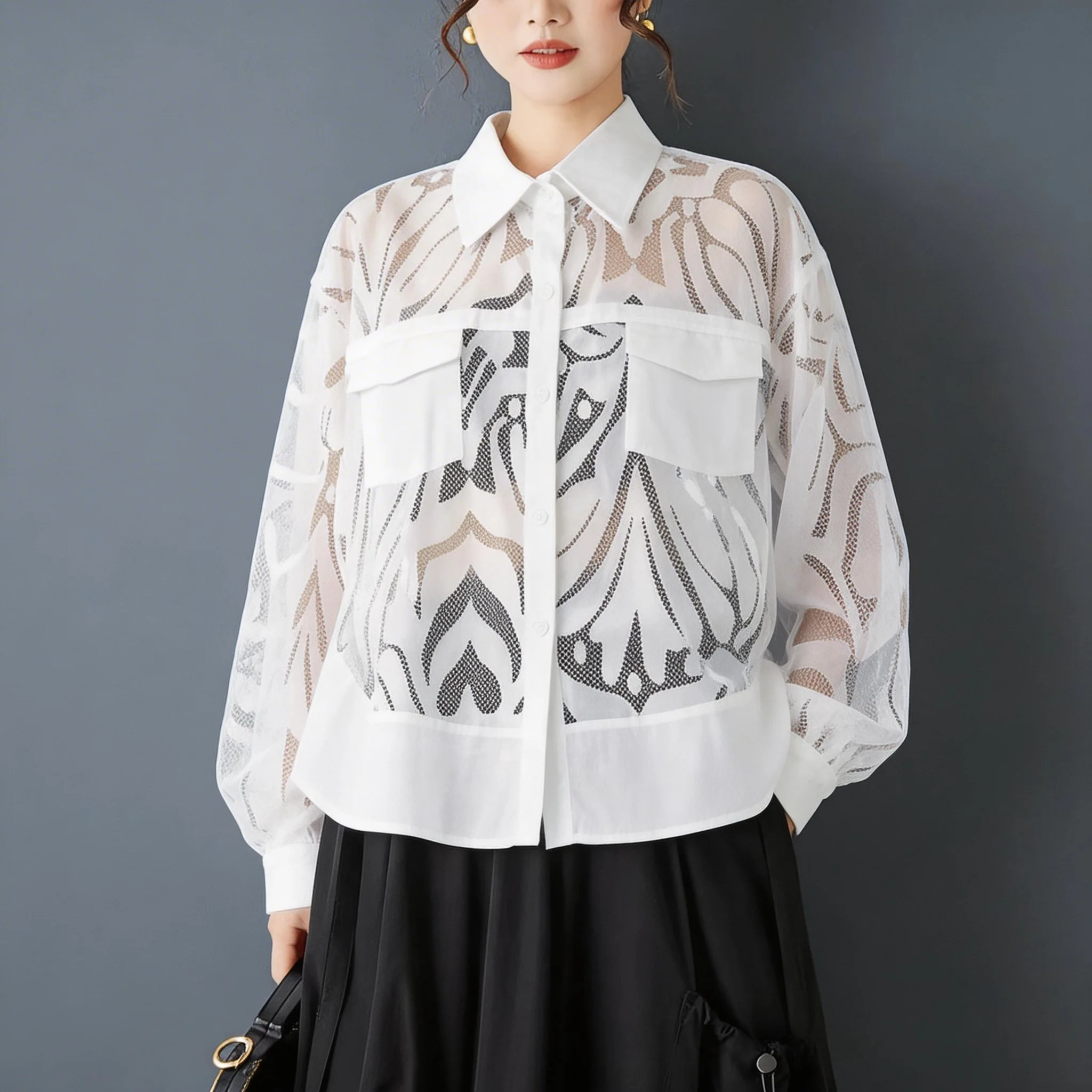 

Винтажная женская блузка с жаккардовым кружевом и пэчворком, шикарный дизайн, свободный крой, модный женский топ из полупрозрачной ткани