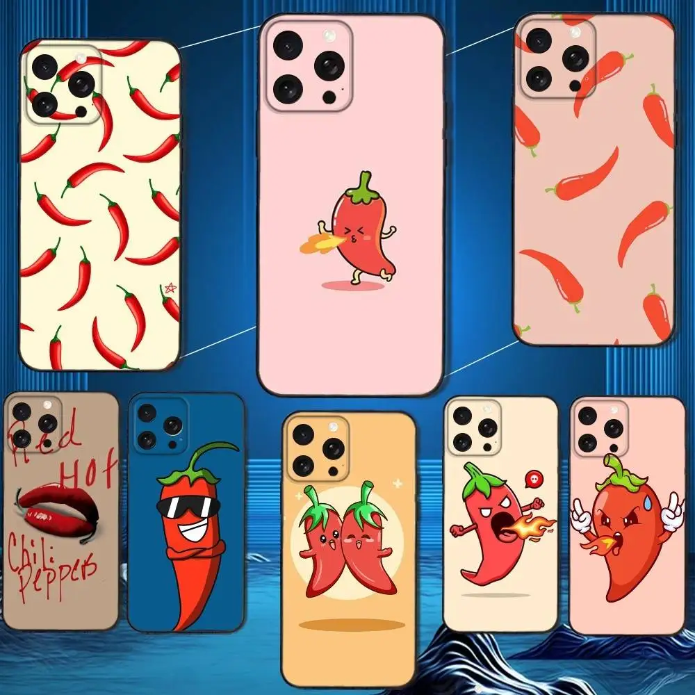 

C-Cartoon Funny Chili R-Red Phone Case For iPhone 16,15,14,13,12,11 Plus,Pro Max,XS,X,XR,SE,Mini,8,7,Soft Silicone Black Cover