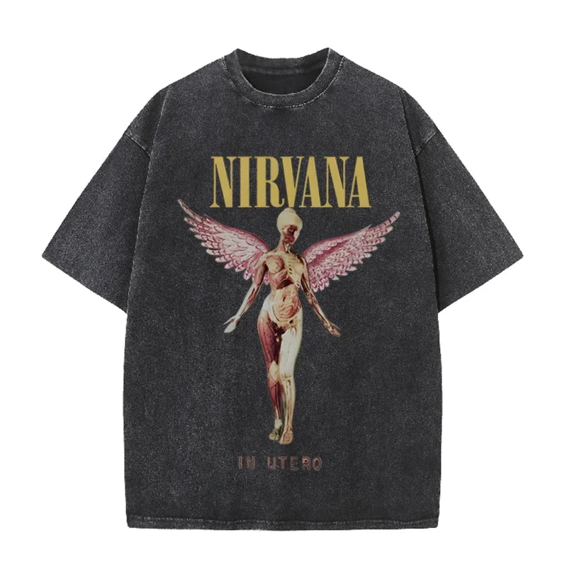 Nirvana Angel In Utero Print Vintage Washed T-Shirt Rock Band Casual Top