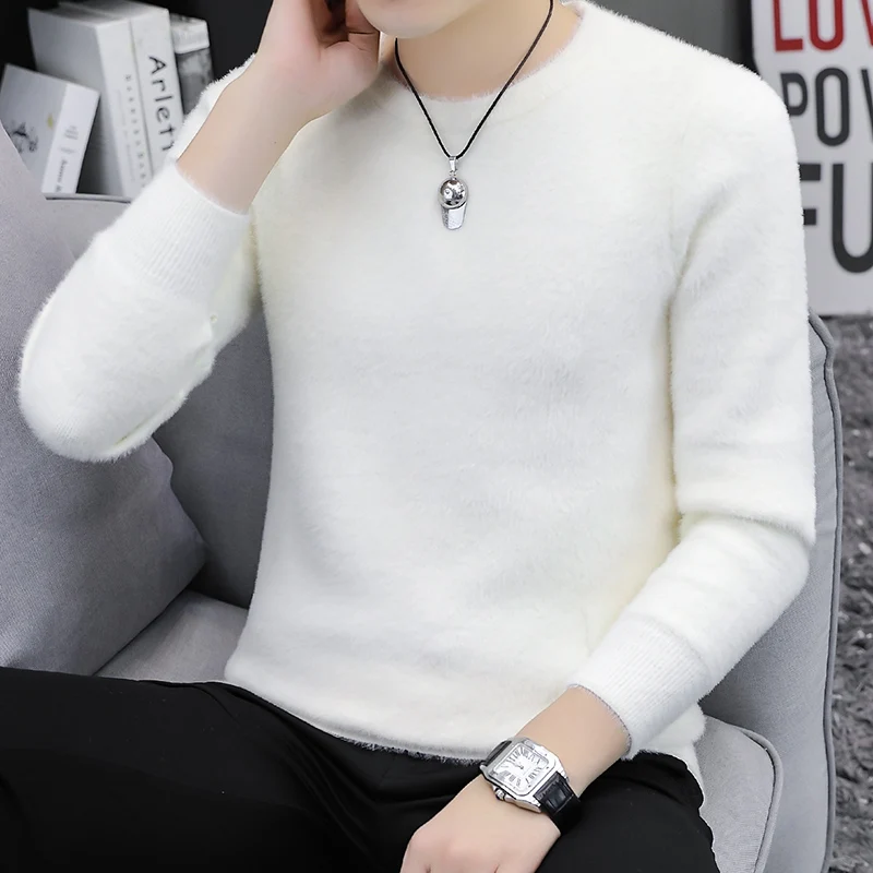 

Мужской вязаный свитер с круглым вырезом, с отделкой из меха кролика, приталенный, универсальный, теплый шерстяной трикотаж