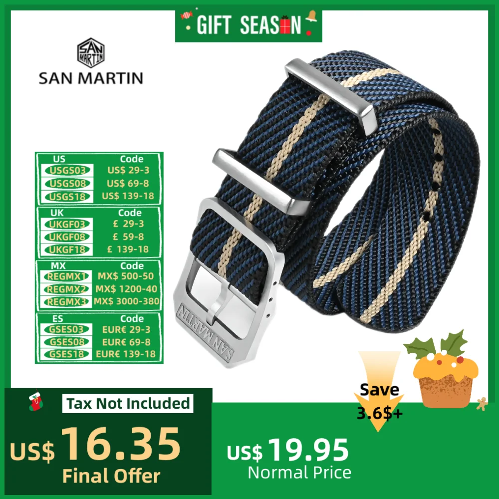 San Martin Woven Nylon Strap Retro Watchband 20mm Military Paratrooper Watch Band With Pin Buckle Correa Reloj BD0006