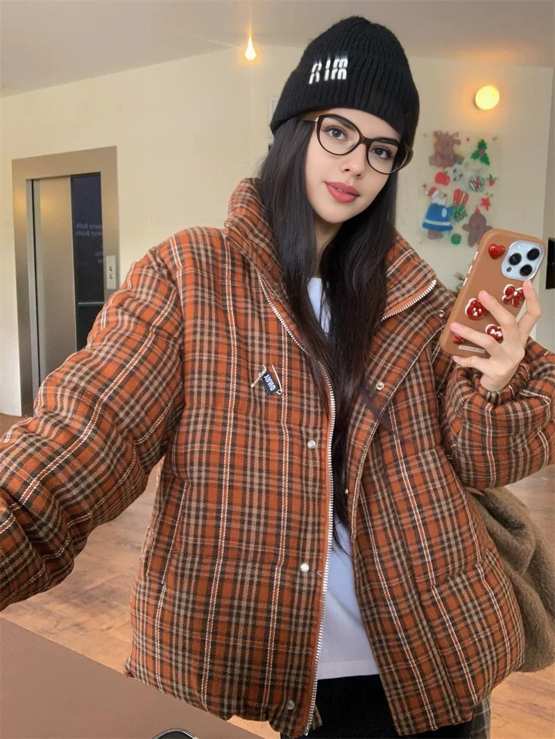 Women Winter Vintage Plaid Cotton Coats Korean Streetwear Fashion Thick Warm Bread Jackets Mori Kei Clothes