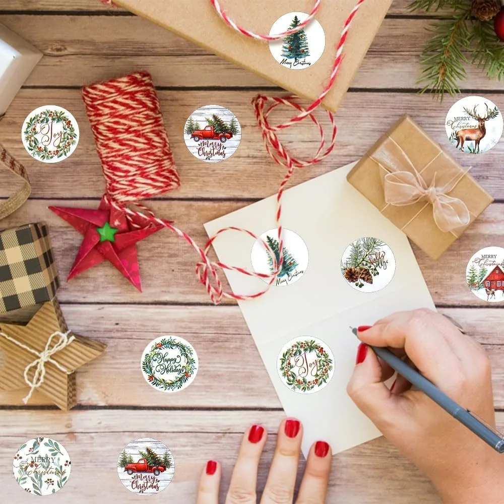 1 Roll 500 Pcs Watercolor Merry Christmas Round Stickers, 8 Assorted Vintage Holiday Label Designs, Self-Adhesive Xmas Sealing Tags for Gift Wrapping Cookie Jar Candy Bag Bakery Envelope Party Favor Packaging