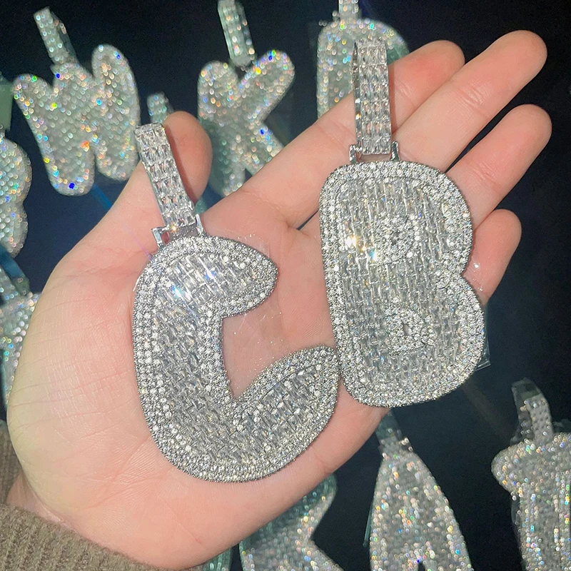 Grandbling Big Baguettecz Letter Pendant  with Cuban Chain Iced Out Square Cubic Zirconia Chain Necklace Hiphop Jewelry from A-Z