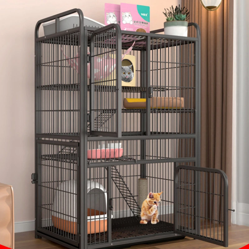 

The cat cage is two-storey home indoor does not occupy a large free space, with toilet, integrated cat litter, cat cage