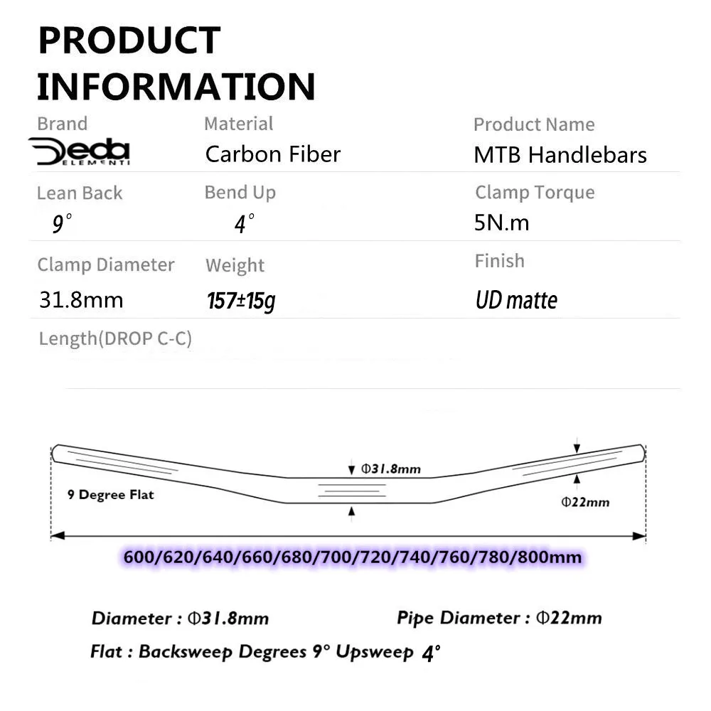 DEDA carbon handlebar 31.8mm * 600-800MM Carbon Mountain Bike Bicycle Handle Bar UD Matte MTB Handlebar 4 upsweep 9 backsweep