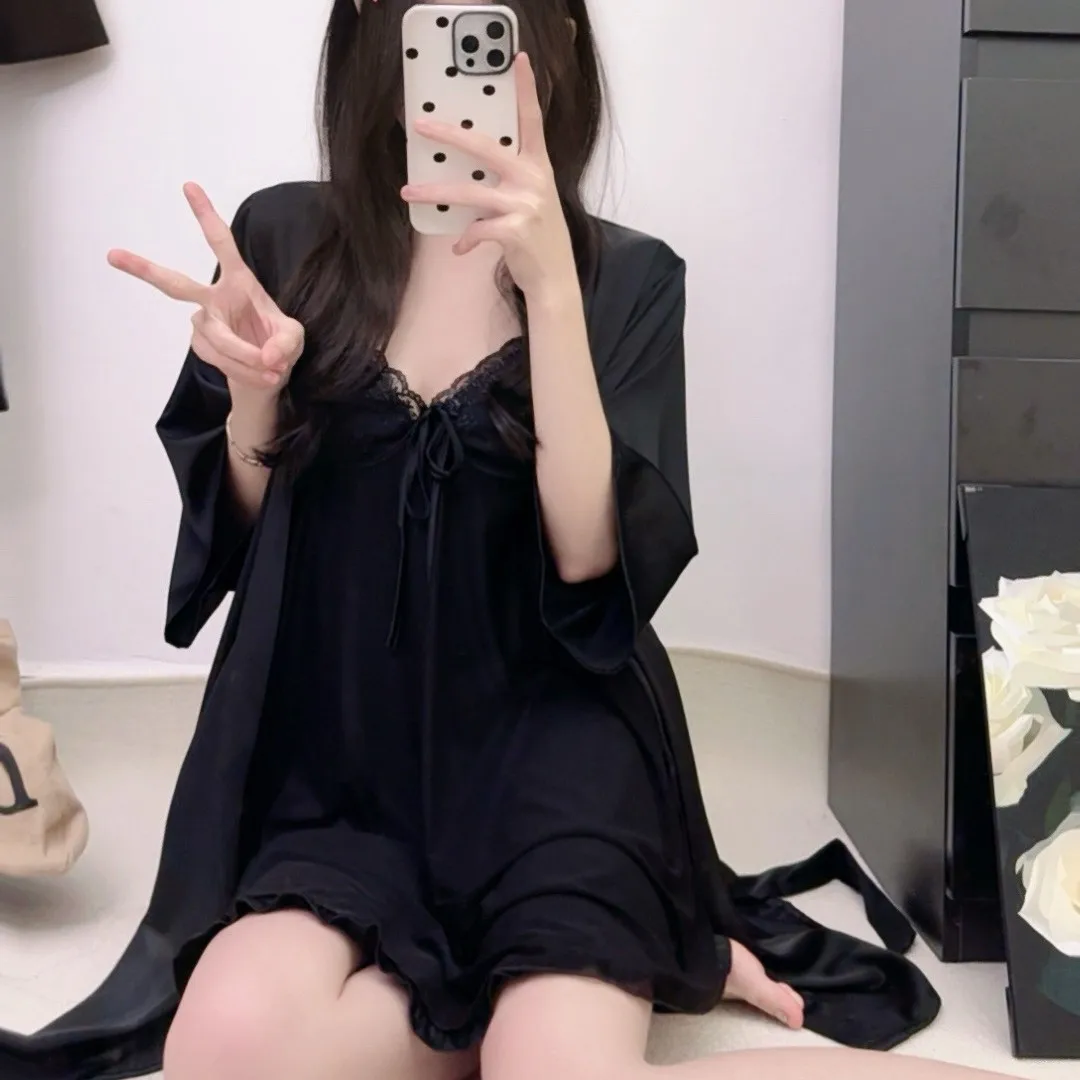 

Yase Romantic Escape Ice Silk Lace Trim Sleepwear Set Sexy Strap Robe Spring Autumn New Style Pure Desire Home Clothes