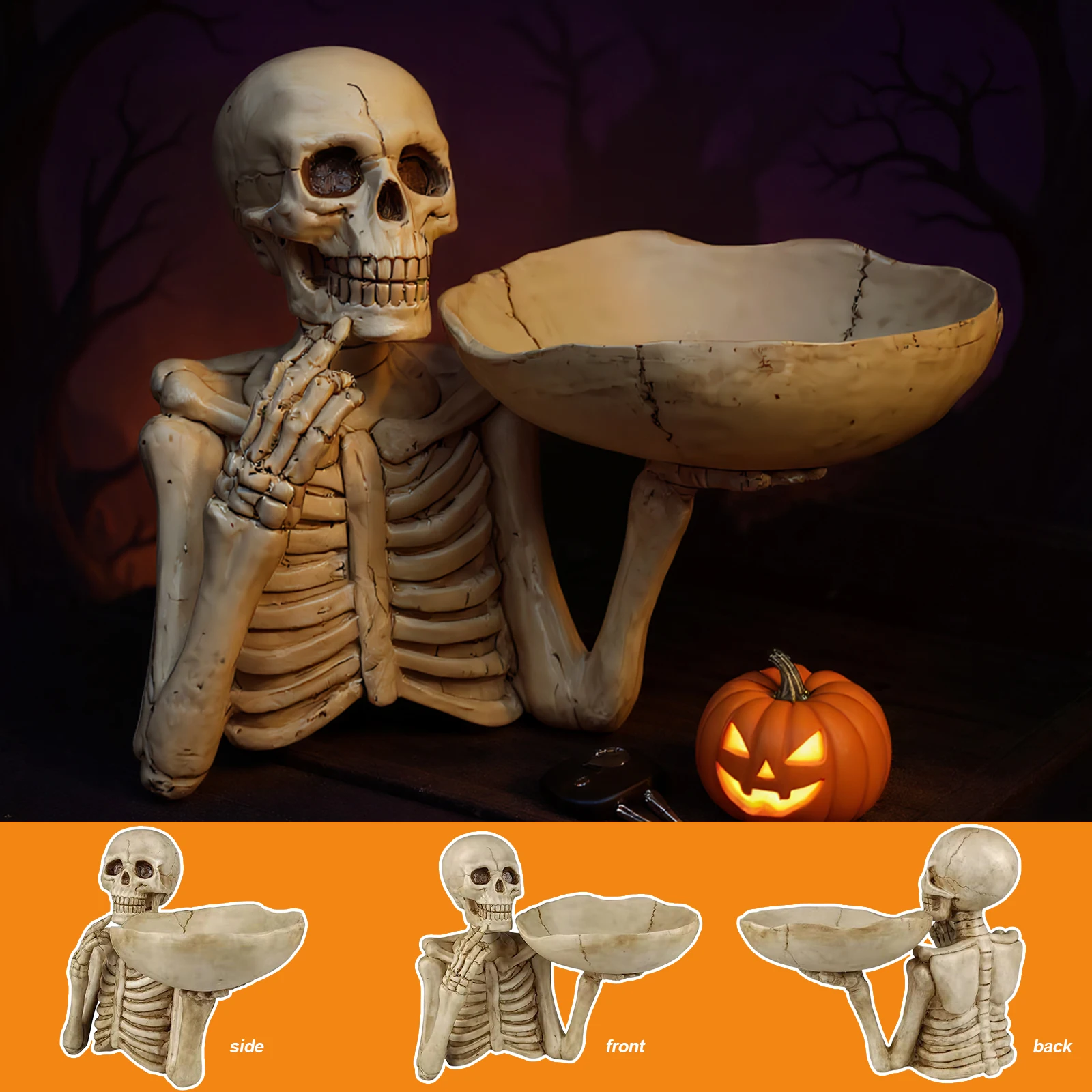 وعاء حلوى الهيكل العظمي للهالوين، صينية تخزين للوجبات الخفيفة من الراتنج، وعاء عرض الطعام للمنزل، صينية بار الحفلات على الطاولة