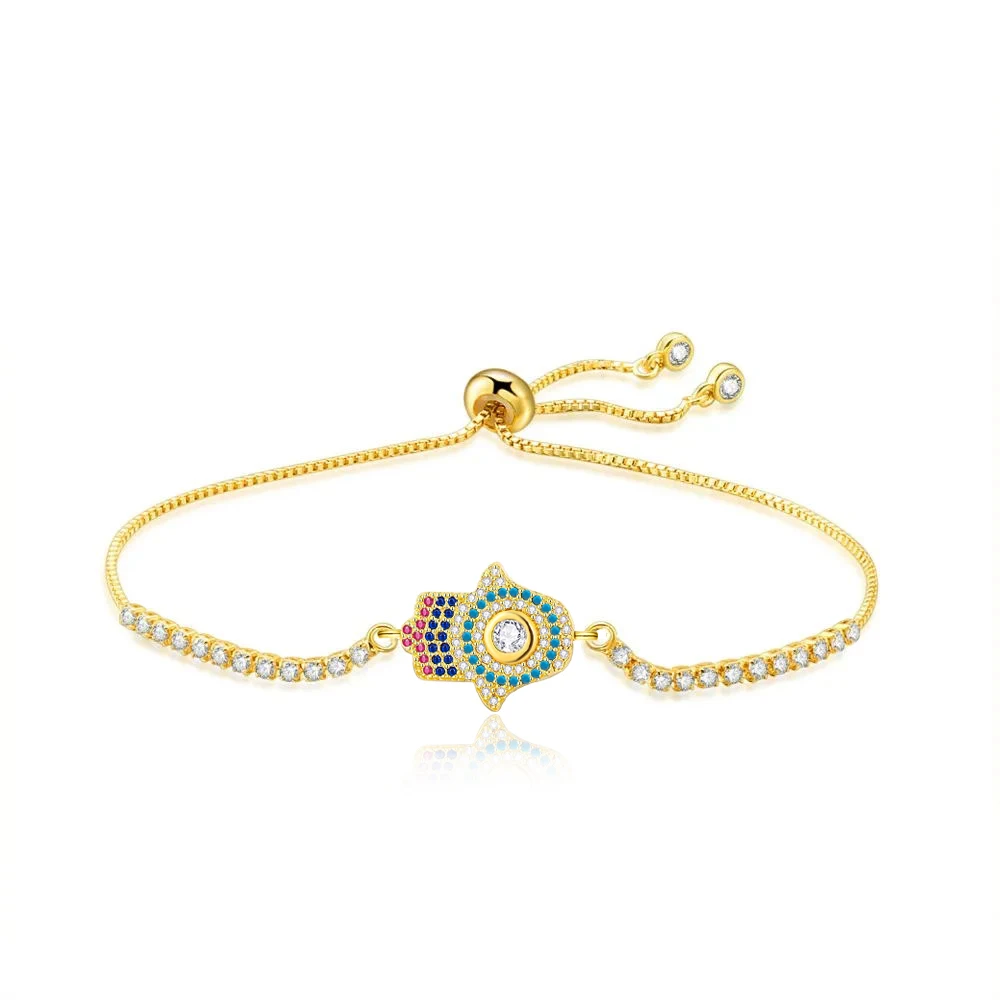 Cubic Zirconia Crystal Copper Nazar Evil Eye Hamsa Hand Of Fatima Charm Bracelet Women New Fashion CZ Stones Chain Jewelry Gift