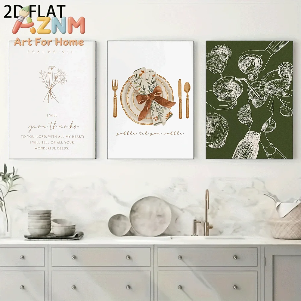AZNM Frameless Canvas Wall Art, Thanksgiving Dining Table Print, Bible Verse Floral Tableware Wine Toast Line Art Poster for Kit