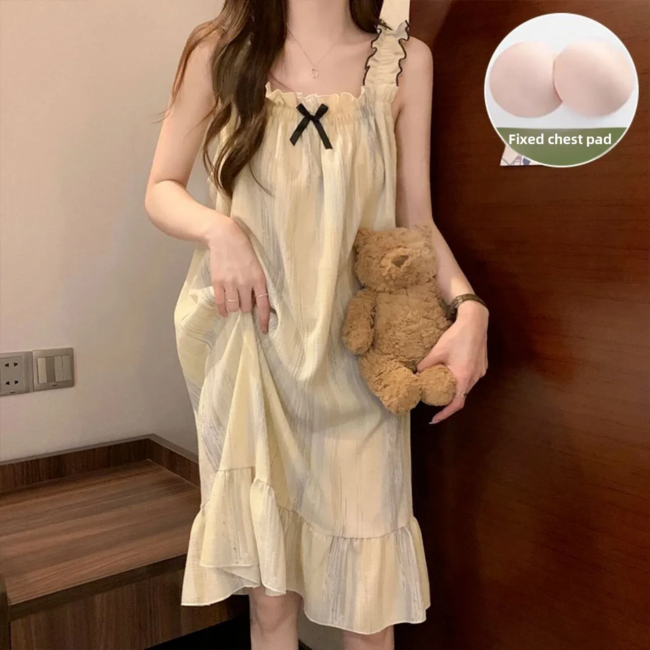 Cute Sexy Spaghetti Strap Nightgown For Women 2024 Summer New With Built In Bra Ladies Home Wear Sleep Dress Can Outwear - view 3