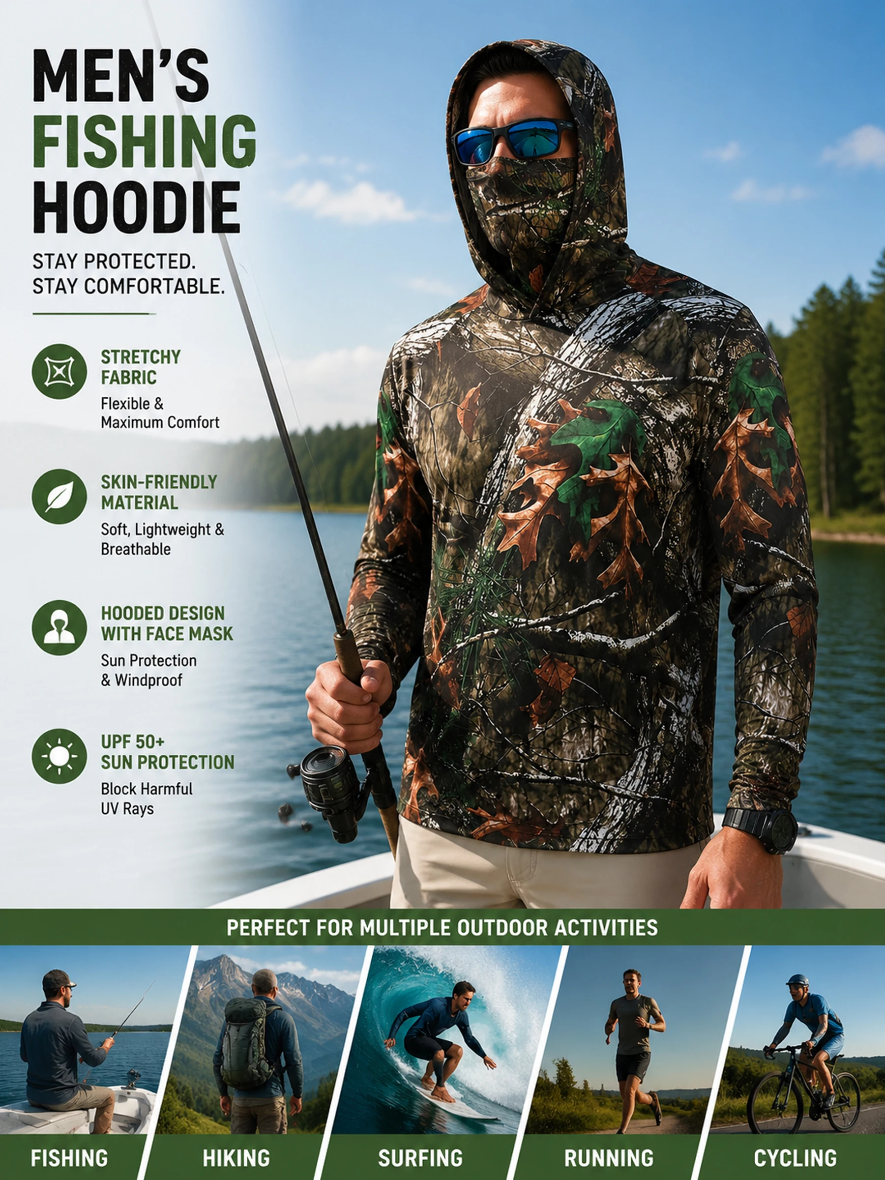 

Fishing Hoodie for Men Lightweight Breathable Moisture Wicking Long Sleeve Sun Protection Shirt for Outdoor Sports and Angling
