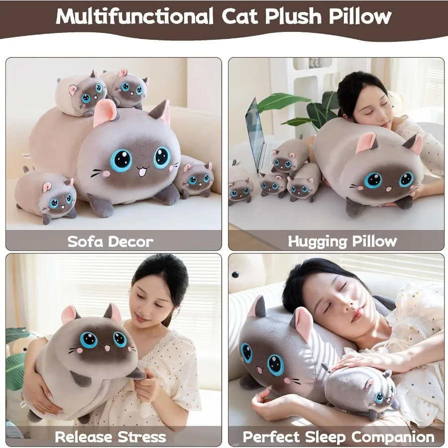 Siamese Cat Plush Stuffed Animals with 4 Kitties Plushies 16 Soft Jumbo Pillow Gifts for Him Her Girlfriend Boyfriend