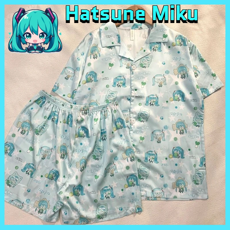 pyjama-en-soie-glacee-pour-femmes-dessin-anime-populaire-hatsune-miku-nouveau-style-d'ete-ensemble-short-a-manches-courtes-vetements-de-maison-pour-etudiants