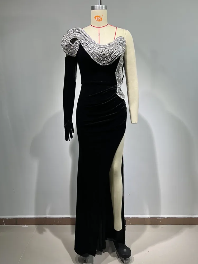 High End Party Dress Women Luxury Black Off Shoulder Single Long Sleeve 3D Diamonds Embroidery Maxi Long Gala Dresses