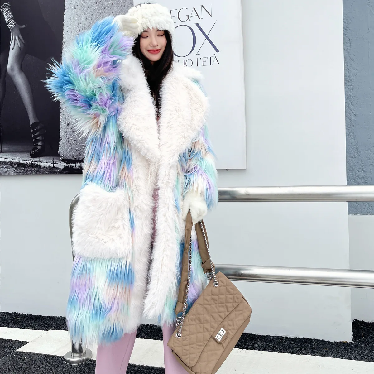 Mixed Long Coats Women Faux Fur Jackets Open Front Turn Down Collar Full Sleeve Thick Warm Y2k Streetwear Elegant Work Splice