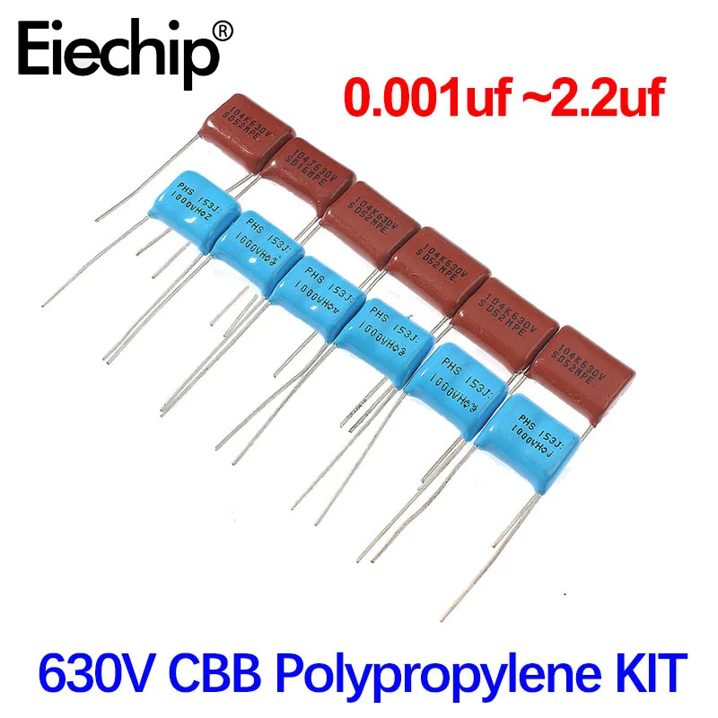 

200PCS/Lot 0.001uf ~2.2uf 630V CBB Polypropylene Film Capacitor, 25 Kinds CBB Capacitors Kit 630V102 630V222 630V332