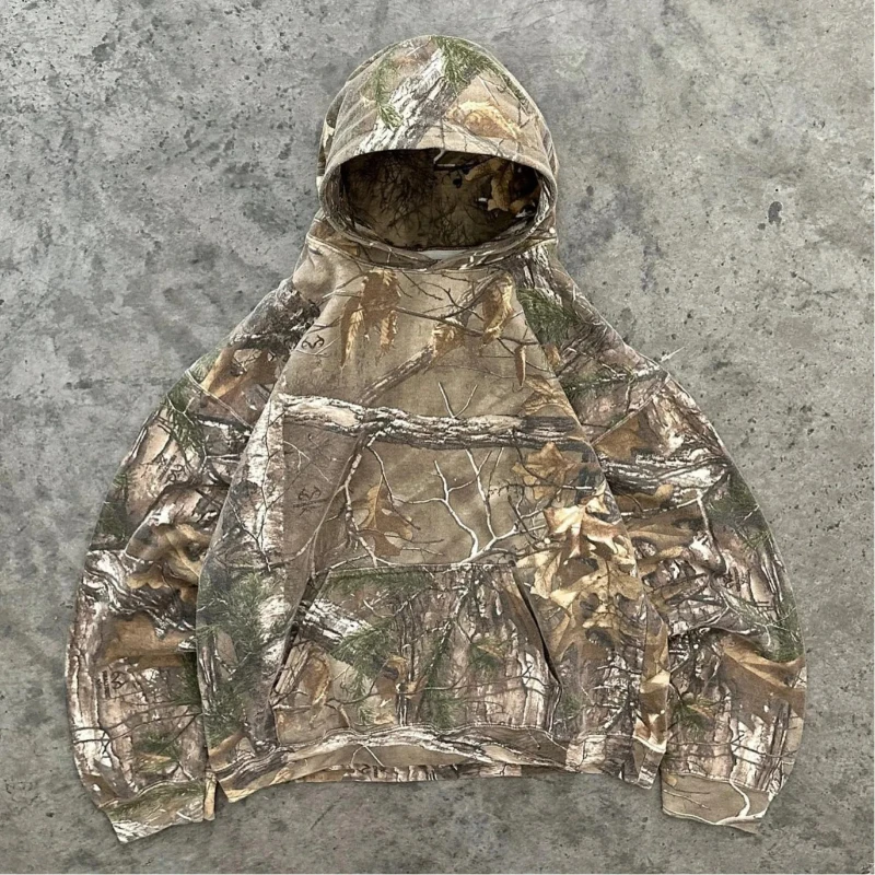 2024 new European and American cross-border camouflage street retro hip-hop high street American men\'s and women\'s loose hooded