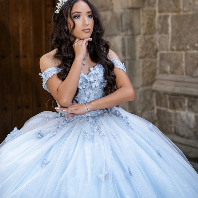 Sky Blue Shiny Sweetheart Off The Shoulder Quinceanera Dress 2024 Ball Gown Sweep Train Bow Beads Tulle Princess Party Prom Dres