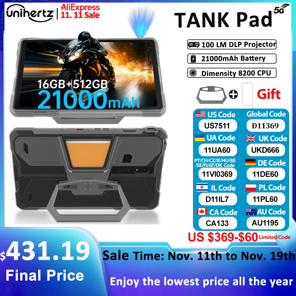 Unihertz Tank PAD 8849 Rugged Projector Tablet Android 32GB 512GB 21000mAh 10.95