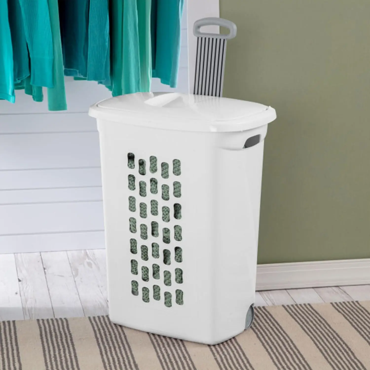 9-Pack Ultra Wheeled Hamper, Laundry Basket w/Flip-Top Lid & Retractable Handle, Plastic Rolling Clothes Storage Cart with Vent