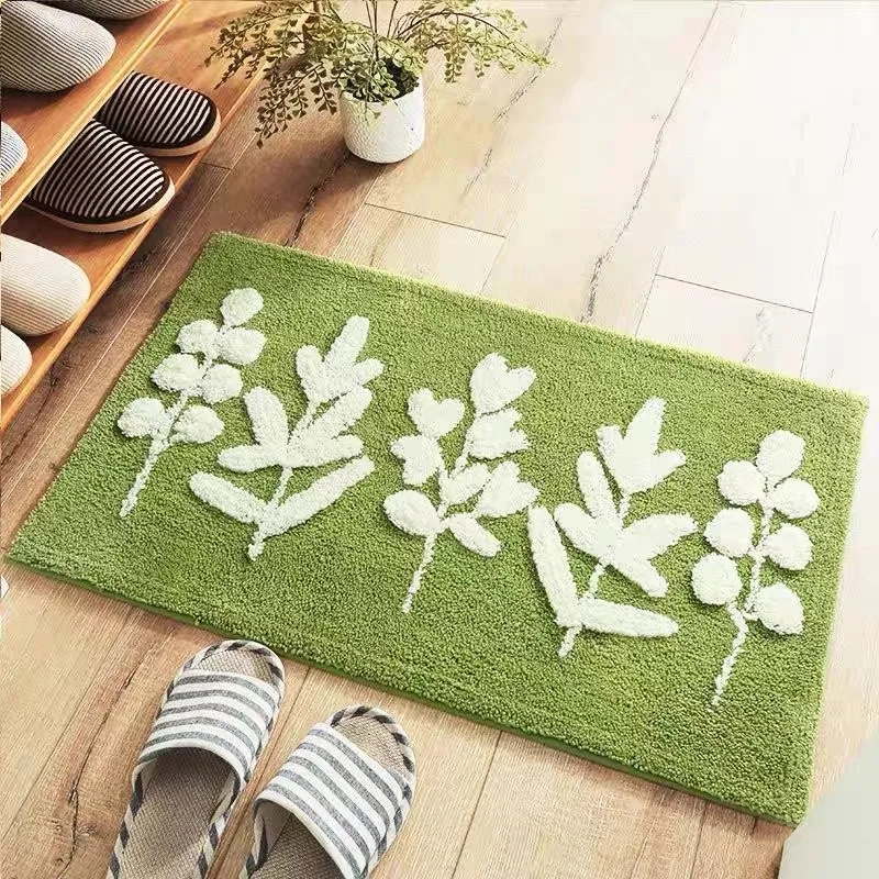 Leaves Green Flocking Bath Mat Non-slip Absorbent Microfiber Bathroom Rug Home Entrance Door Mat Super Soft Bath Carpet