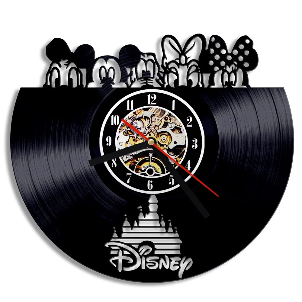 30cm Disney 100th Aniversary Wall Clock Mickey Mouse Minnie Black Vinyl Record Wall Clocks Creative Cartoon Anime Home Decor