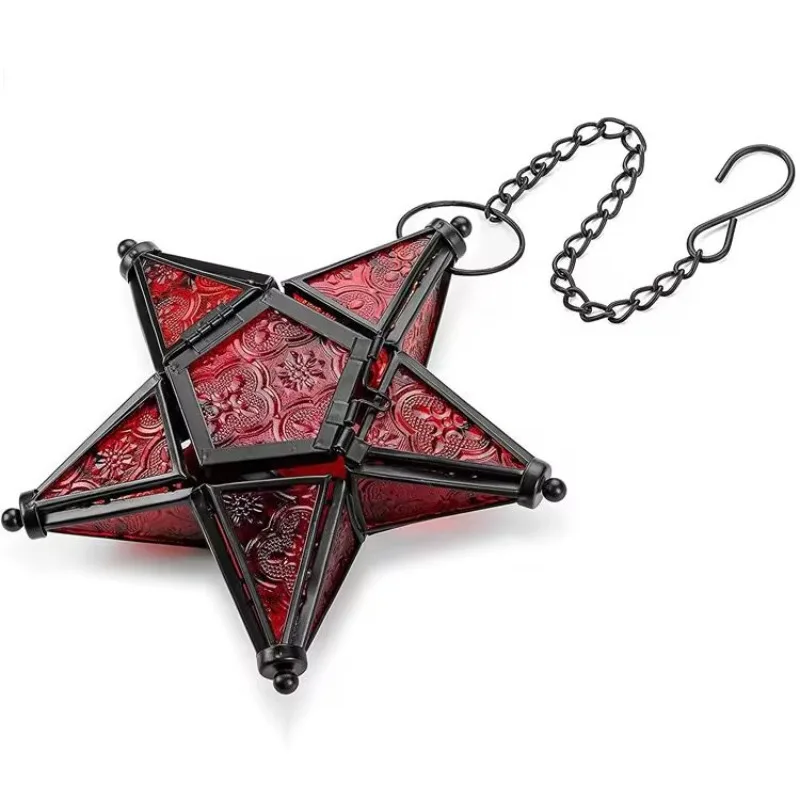 1 قطع الرجعية الحديد الزجاج الملون الرياح مصباح الخماسية نجمة يندبروف الشمعدان الشمعدان زخارف للحانات شنقا الديكور #6