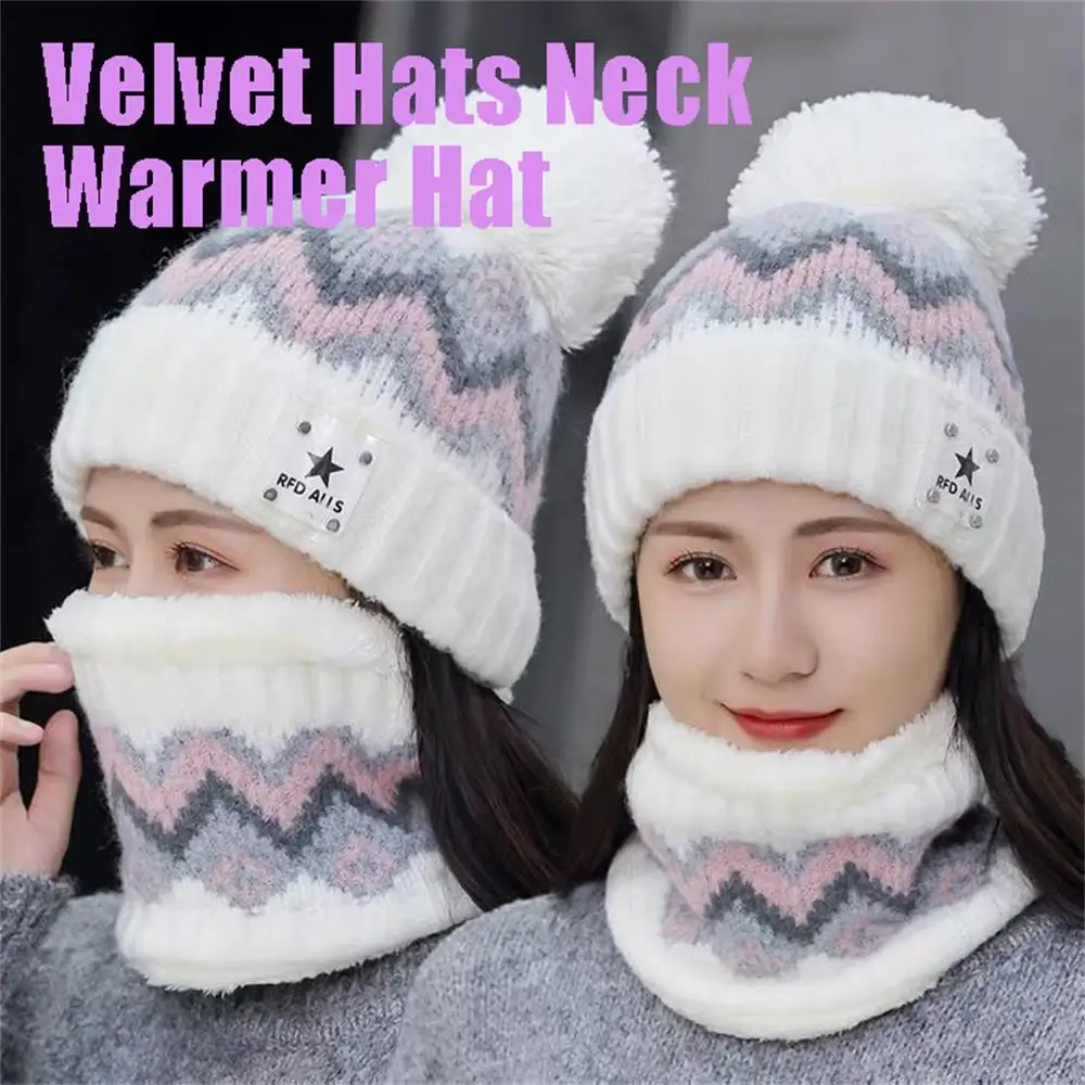 2PCS Winter Women Plush Velvet Hats Neck Warmer Hat Scarf Set Beanies Cycling Windproof Hat Outdoor Ear Protection Outdoor