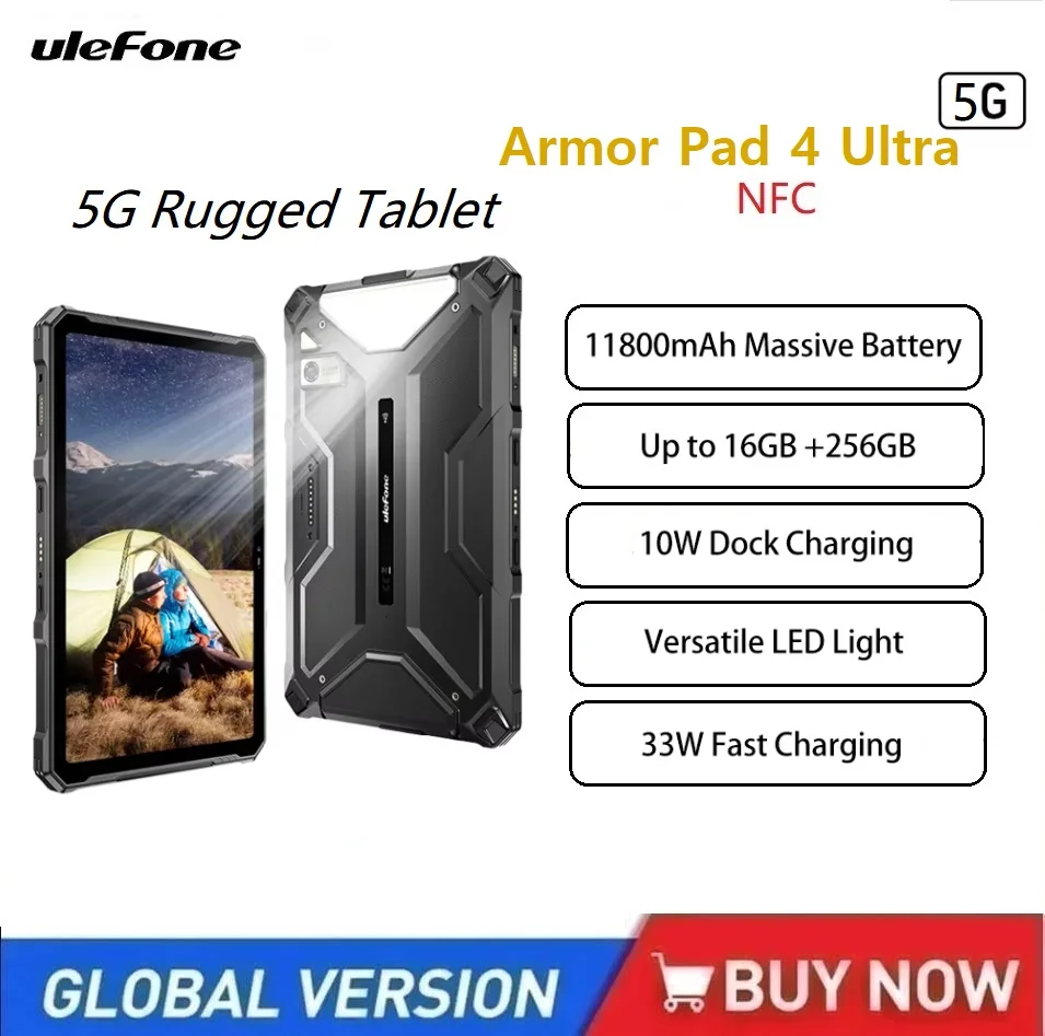 Ulefone Armor Pad 4 Ultra 5G تابلت متين أندرويد 14، 11800 مللي أمبير في الساعة 10.36 بوصة 16 جيجابايت رام + 256 جيجابايت ROM 50 ميجابكسل مصباح ليد IP68/IP69K كمبيوتر لوحي