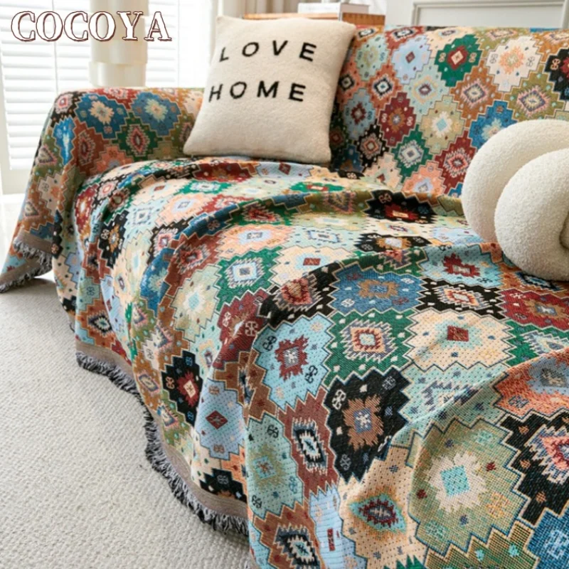 

Boho Style Sofa Covers for Living Room Retro Geometric Patterns Couch Towel Cotton Linen Tassels Slipcovers Home Decor Blanket