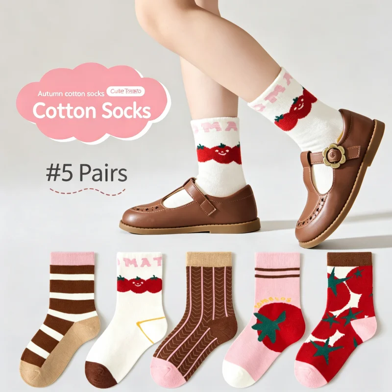 5 Pairs Girls Crew Socks Floral Pattern  Children's Socks Autumn Cotton Socks