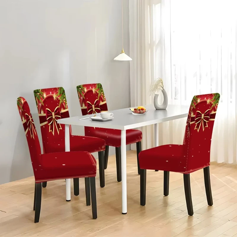 1/4/6pcs Wine Red Gold Bow Christmas Print Stretch Dining Chair Cover, Removable Washable Xmas Chair Slipcover