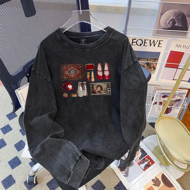 Faionable Casual Loose round Ne Long Sve Bedrucktes Top Damen Baumwoll-T-Shirt Vintage Waed Sle Herbst Saisonale Kleidung