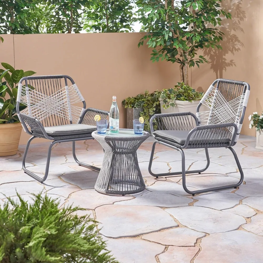 Ava Outdoor 3 Piece Rope and Steel Chat Set, Finish, Gray/White/ outdoor furniture set patio furniture outdoor patio furnitures