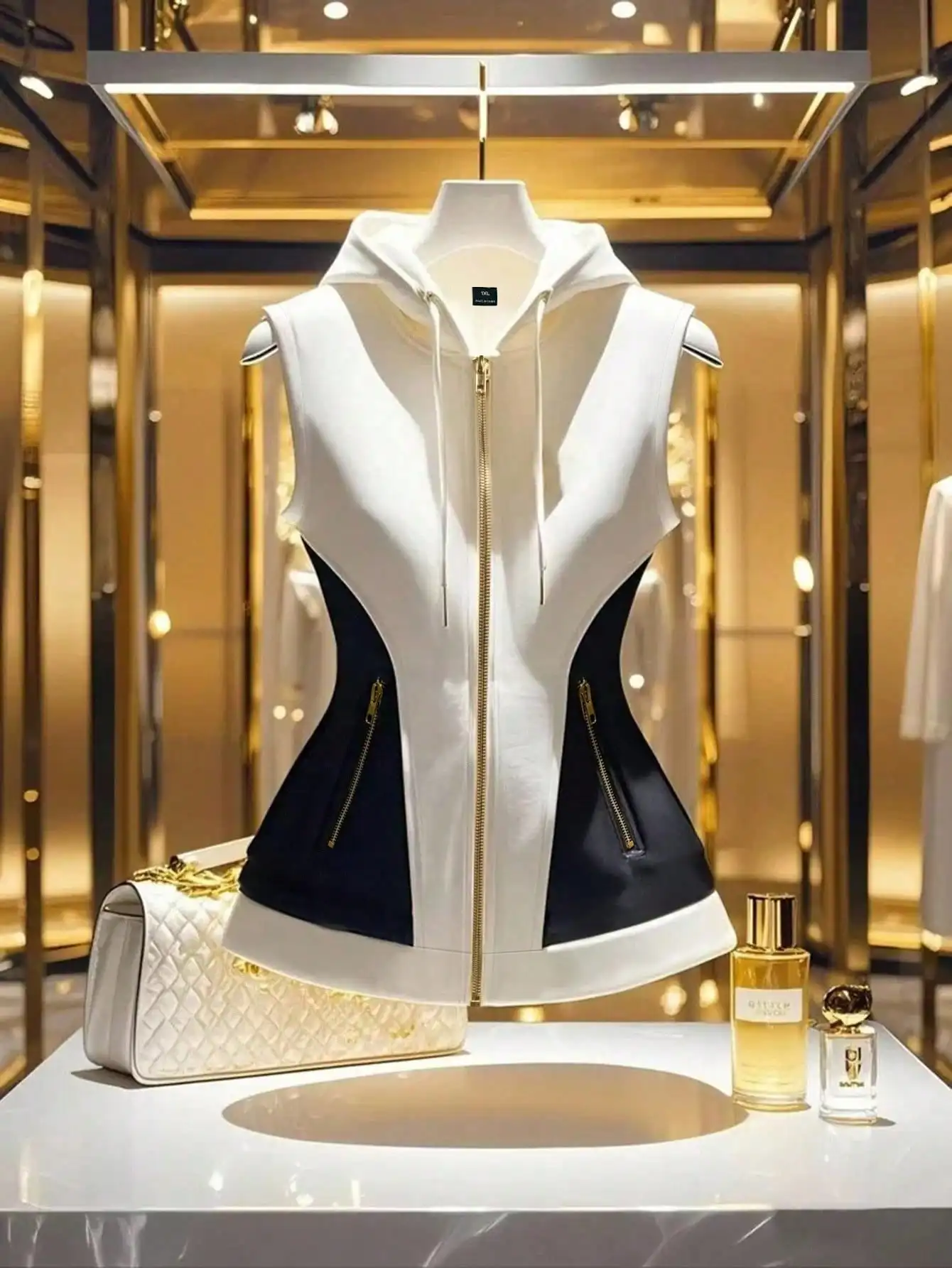 

White & Black Zip-Up Sleeveless Hoodie with Asymmetrical Panels and Gold Zippers