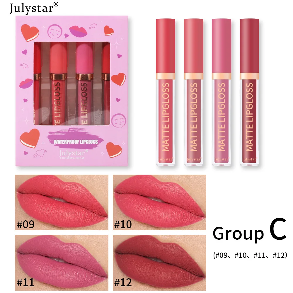 Julystar 4pcs/box Lipstick Set Matte Lip Glaze Multicolor Lip Makeup Women Cosmetic Lasting Non Fading Daily Cosmetics