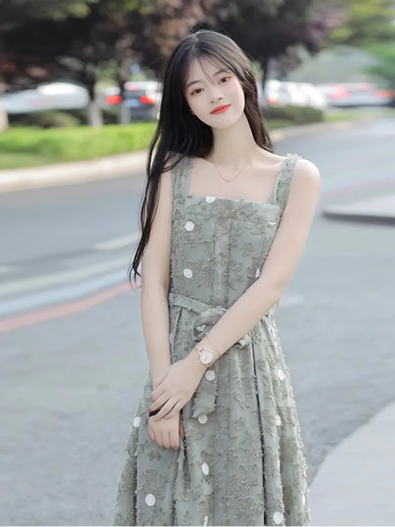 Robe d'été coréenne en mousseline de soie, coupe cintrée, motif Floral, sans manches, mi-longue, Style français, robe de cérémonie élégante, 2025
