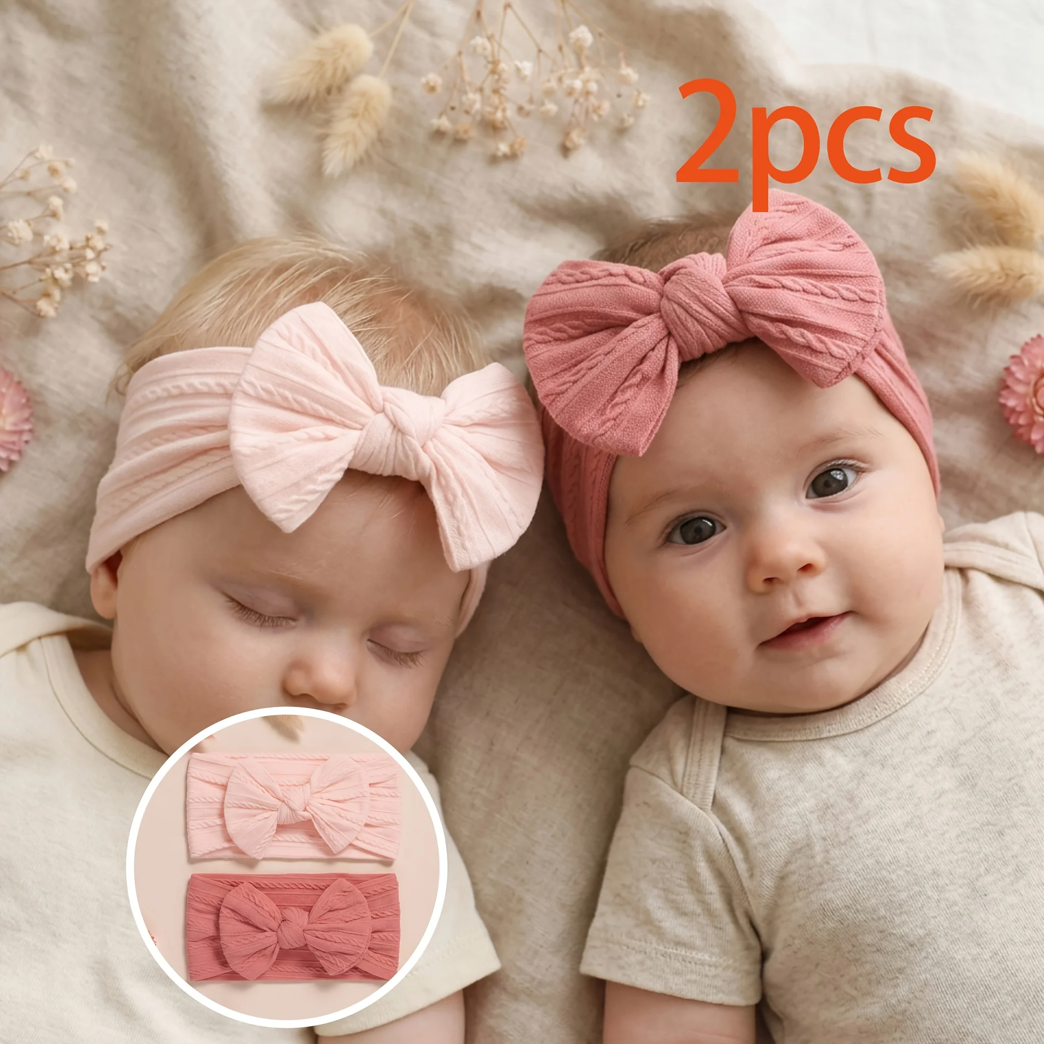 2Pcs Baby Girl Cable Knit Bow Headbands Soft Stretchy Nylon Newborn Infant Toddlers Hair Accessories Photo Props Pink Rose